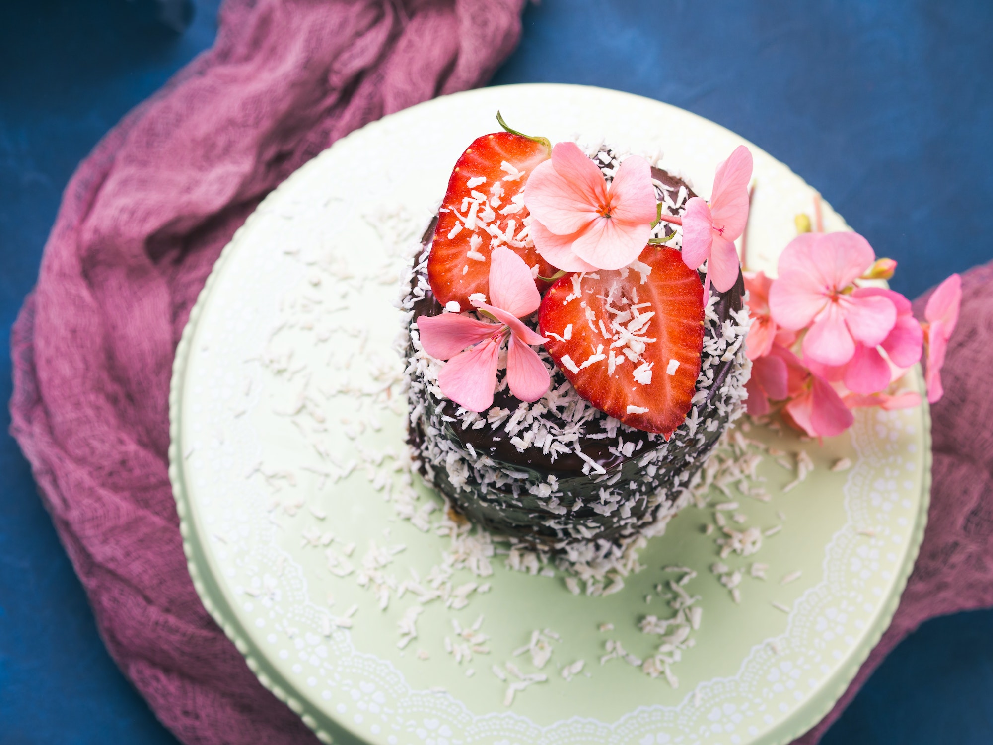 Chocolate cake with strawberry flower decor